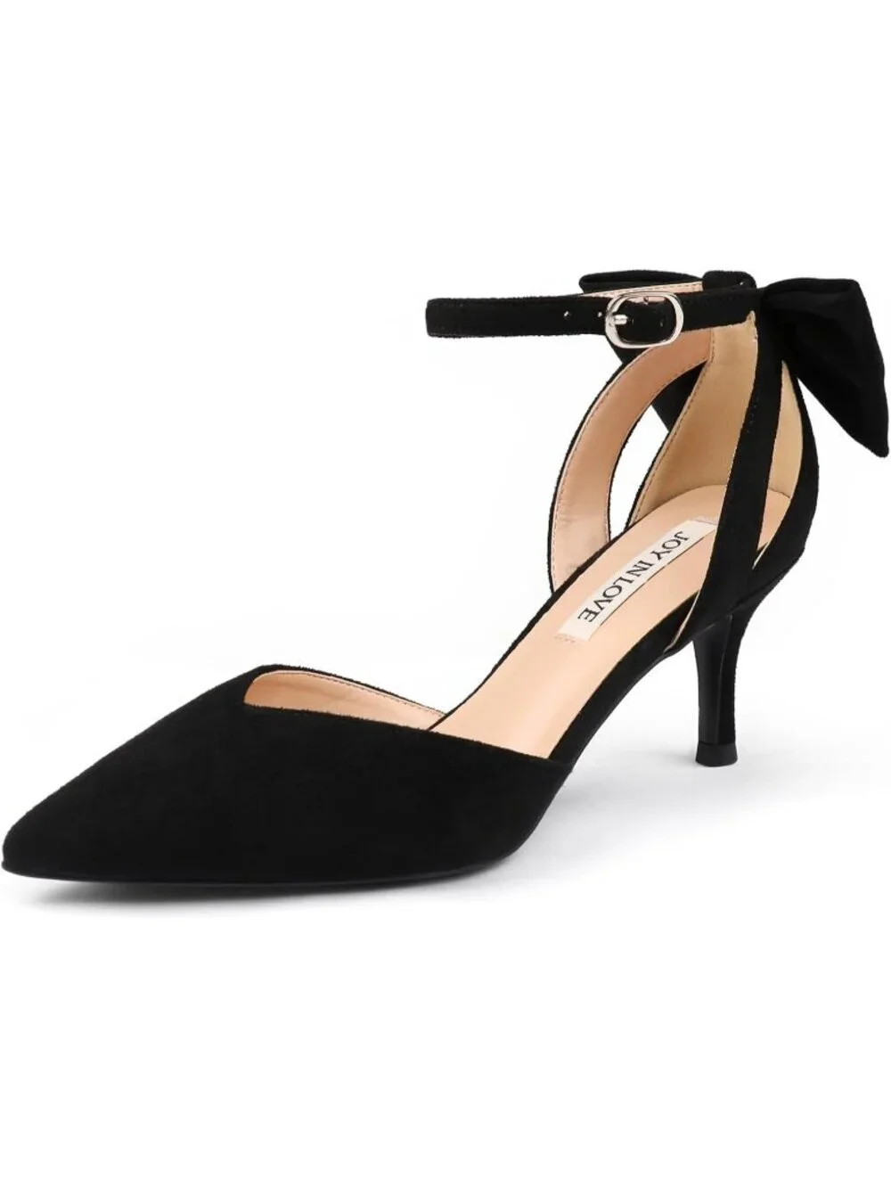 Women's Black Suede Kitten Bow Closed Pointed Toe Sandals Ankle Strap Dress Shoe